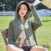 【初色】素色夏季輕薄短款黑膠連帽拉鍊防曬外套-共8色-68722(F可選) F 綠色
