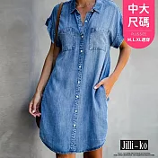 【Jilli~ko】襯衫領短袖修身中長款牛仔連衣裙 516  FREE 淺藍色