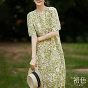 【初色】圓領碎花印花泡泡袖短袖中長裙連身裙洋裝-綠色-68855(M-2XL可選) M 綠色