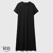 【初色】簡約短袖圓領素色刺繡字母中長裙連身裙洋裝-共2色-68857(M-2XL可選) M 黑色