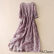 【ACheter】 蘆麻感寬鬆圓領五分短袖連身裙顯瘦薰衣草紫印花長版洋裝# 118535 M 紫色