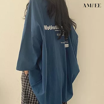 【AMIEE】美式英文寬鬆長版上衣(3色/M-2XL/KDTY-0718) 3XL 藍色