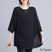 【ACheter】 文藝大碼黑色條紋寬鬆顯瘦中長板七分袖上衣# 118563 FREE 黑色