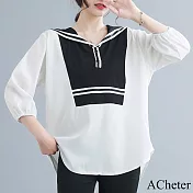 【ACheter】 時尚減齡顯瘦拼接海軍領襯衫# 118565 FREE 黑白色