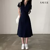 【AMIEE】復古POLO領撞色顯瘦連身裙(2色/L-XL/KDDY-9082) L 藏藍