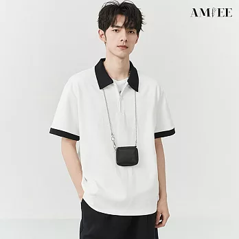 【AMIEE】日系高級感簡約拼接POLO衫(男裝/白色/M-2XL/KDTY-A95) M 白色