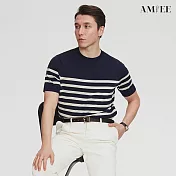 【AMIEE】條紋拼接休閒型男短袖針織衫(男裝/3色/M-3XL/KDTY-G32) M 藍色