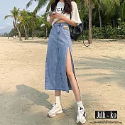 【Jilli~ko】高腰側開衩牛仔中長款包臀裙 L J10883 L 淺藍