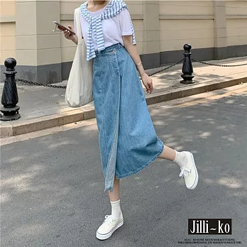 【Jilli~ko】不規則設計感中長款高腰牛仔半身裙 M-L J10854  M 藍色