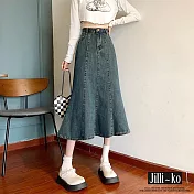 【Jilli~ko】高腰氣質對稱拼接中長款魚尾牛仔裙 L J10875 L 藍色