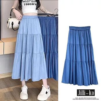 【Jilli~ko】高腰中長款休閒天絲牛仔蛋糕裙 J10881  FREE 藍色
