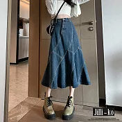 【Jilli~ko】高腰顯瘦設計感裁片拼接魚尾牛仔裙 M-L J10874  M 藍色