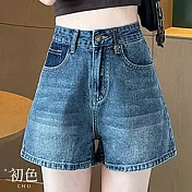 【初色】高腰顯瘦薄款拚色拼接A字撞色口袋牛仔短褲-共3色-68878(M-2XL可選) XL 深藍色