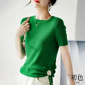 【初色】氣質顯瘦短袖圓領素色拼接收腰抽繩針織衫上衣-共7色-68873(F可選) F 綠色