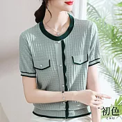 【初色】拼色立體格紋圓領短袖排釦針織衫T恤上衣-共2色-68862(F可選) F 綠色