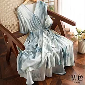 【初色】時尚氣質收腰V領短袖連身裙中長裙洋裝-藍色-68818(M-2XL可選) M 藍色