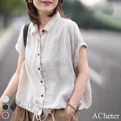 【ACheter】 寬鬆文藝休閒襯衫領純色襯衫抽繩棉麻感短袖短版上衣# 118732 M 杏色