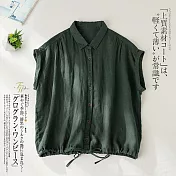 【ACheter】 寬鬆文藝休閒襯衫領純色襯衫抽繩棉麻感短袖短版上衣# 118732 XL 綠色