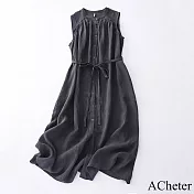 【ACheter】 棉麻感純色百搭寬鬆型復古背心連身裙無袖中長版洋裝# 118782 M 深灰色