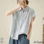 【ACheter】 棉麻藍色海岸線條紋小飛袖襯衫短袖短版上衣# 118783 XL 黑色