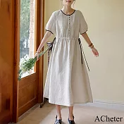 【ACheter】 棉麻感純色不規則裙寬鬆型圓領短袖牙籤褶連身裙長版洋裝# 118784 M 米白色
