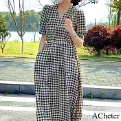 【ACheter】 黑白格子棉麻感連身裙短袖長V領長版洋裝# 118791 XL 黑白色