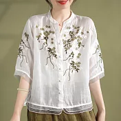 【ACheter】 原創文藝復古中國風刺繡苧麻襯衫五分袖歐根紗拼接短版上衣# 118795 XL 白色