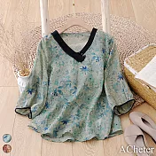 【ACheter】 復古韻味印花麻感V領氣質襯衫原創寬鬆短款七分袖上衣# 118796 XL 綠色