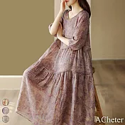 【ACheter】 復古炒色印花連身裙高腰顯瘦氣質長裙苧麻感飄逸圓領七分袖長洋裝# 118799 M 紫色
