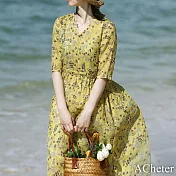 【ACheter】 原創優雅黃色小碎花寬鬆苧麻感V領連身裙短袖長版洋裝# 118802 M 黃色