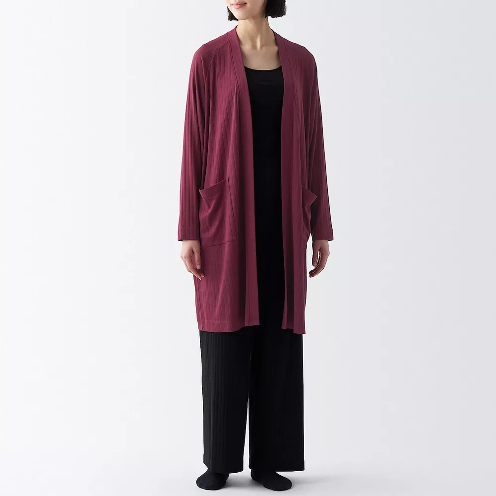 【MUJI 無印良品】女棉混莫代爾寬版螺紋長版開襟衫 XL 暗紅