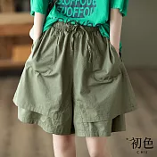 【初色】寬鬆休閒鬆緊帶雙層闊腿寬褲大口袋五分短褲-共3色-68701(M-2XL可選) L 綠色
