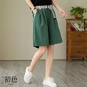 【初色】純色休閒高腰闊腿褲五分褲短褲寬褲-共2色-68702(M-2XL可選) M 綠色
