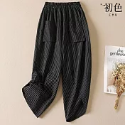 【初色】休閒寬鬆復古風細條紋七分褲褲子-共2色-68703(F可選) F 黑色