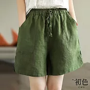 【初色】棉麻風鬆緊腰舒爽薄款直筒闊腿短褲休閒寬褲短褲-共5色-68707(M-2XL可選) 2XL 綠色