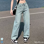 【MsMore】 高腰闊腿後口袋設計牛仔長褲涼感直筒寬鬆顯瘦小個子拖地# 118523 2XL 藍色