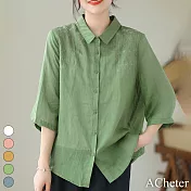 【ACheter】 棉麻感大碼文藝復古寬鬆休閒刺繡襯襯短版上衣# 118655 L 綠色