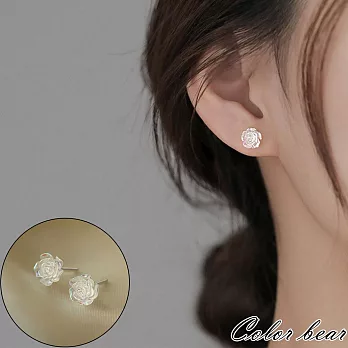 【卡樂熊】s925銀針韓系輕奢玫瑰造型耳環飾品- 銀白色