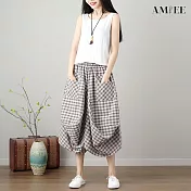 【AMIEE】設計感拼接格紋雙口戴飛鼠裙(4色/F碼/KDSY-C052) FREE 杏方格