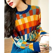 【初色】圓領拼色格紋寬鬆保暖針織衫毛衣上衣-橘色-65545(F可選) F 橘色