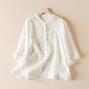 【ACheter】 鏤空拼接純色筒約棉麻感襯衫五分袖寬鬆短版上衣# 118698 M 白色