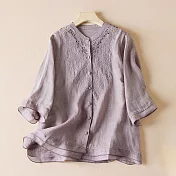 【ACheter】 鏤空拼接純色筒約棉麻感襯衫五分袖寬鬆短版上衣# 118698 M 紫色