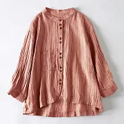 【ACheter】 棉麻感襯衫寬鬆休閒顯瘦長袖薄款上衣防曬短版# 118699 M 粉紅色