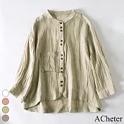 【ACheter】 棉麻感襯衫寬鬆休閒顯瘦長袖薄款上衣防曬短版# 118699 M 綠色