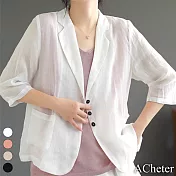 【ACheter】 文藝復古純色空調衫棉麻感百搭防曬衣顯瘦單排扣短版西服外套# 118702 XL 白色