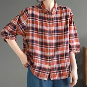 【ACheter】 原創文藝五分袖格子襯衫寬鬆復古單排扣短版上衣# 118703 M 紅色