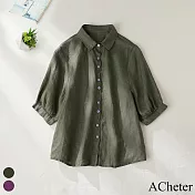 【ACheter】 文藝休閒減齡寬鬆顯瘦純色襯衫棉麻感上衣短袖# 118733 L 綠色