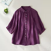 【ACheter】 文藝休閒減齡寬鬆顯瘦純色襯衫棉麻感上衣短袖# 118733 L 紫色