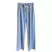 【MsMore】 純棉牛仔褲高腰直筒闊腿褲大碼厚款長褲# 118739 M 藍色