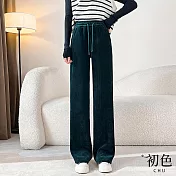 【初色】雪尼爾筷子條紋闊腿直筒寬長褲-共4色-65703(M-2XL可選) XL 綠色
